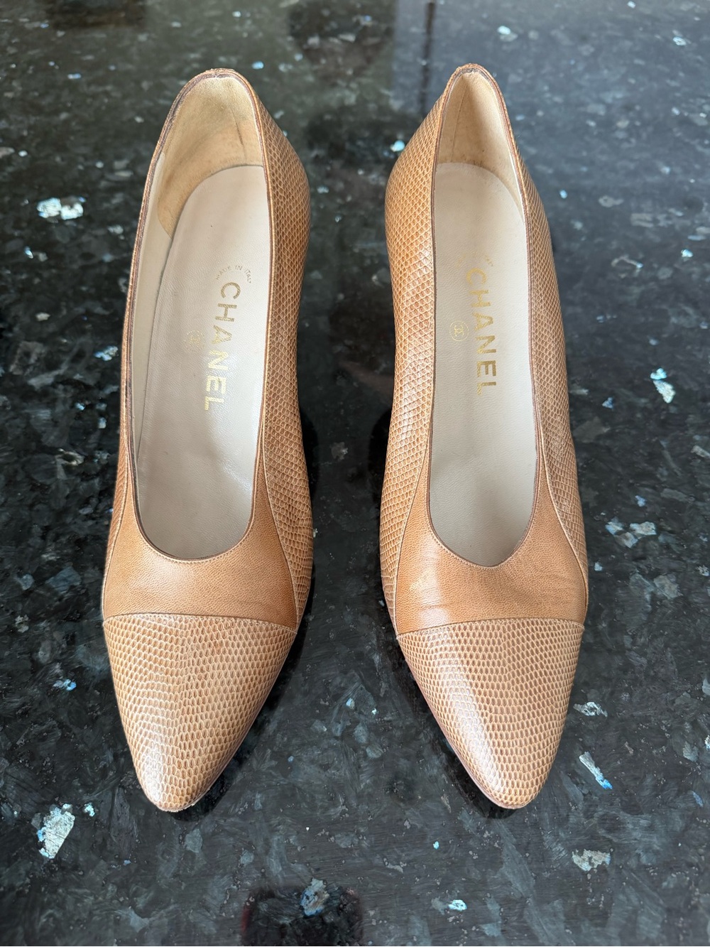 CHANEL Tan Leather Pointed Pumps with Textured Cap Toe - Picture 1 of 4